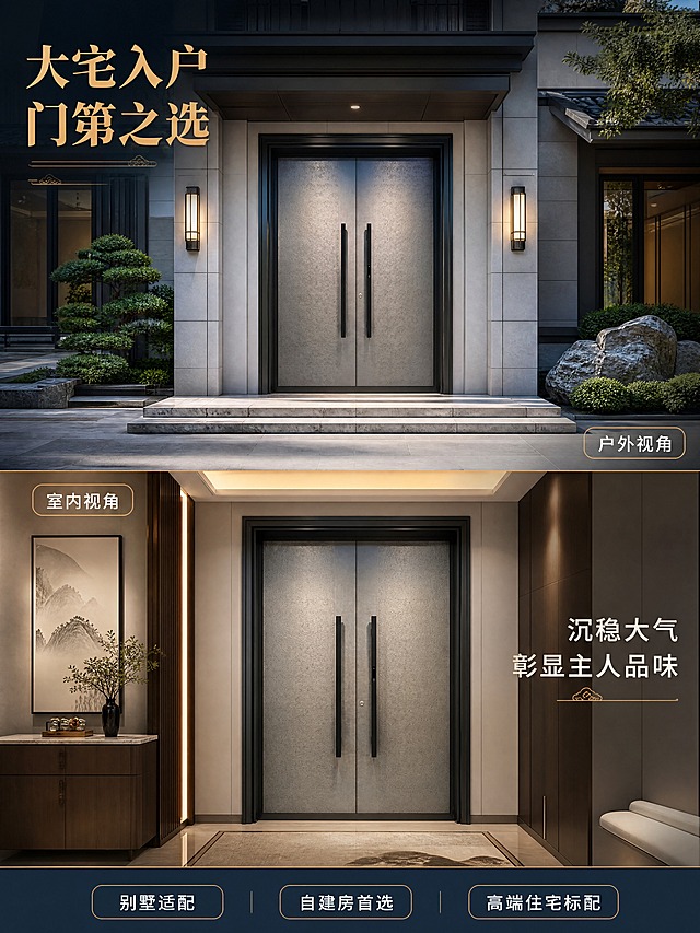 [商品] 使用【图1】臻尚铂门福禄祥云纹全铝精雕双开入户门；保留双开门结构、银灰色全铝材质、暗雕纹样、黑色拉手、智能锁、黑色边框；产品安装于大宅正门场景中，自然融合，保持产品原貌与颜色。
[画面] 页面目标：场景效果展示，激发购买欲望，让用户直观感受入户门与大宅建筑的搭配效果。构图：上下双场景结构，上部约60%为户外大宅入户全景场景，下部约40%为室内视角场景。上部场景：现代轻奢大宅正门，产品双开门安装于正门位置，门前有两级浅灰色大理石台阶，两侧是简约灰色外墙与壁灯，上方有简约雨棚，旁边有少量绿植与景观石，白天自然光，展现大宅门的气派。下部场景：室内玄关视角，从室内看向关闭的入户门，展示门的室内侧效果与长款拉手的使用视角，玄关处有简约鞋柜与装饰画。
[视觉] 套系策略：风格=高端大宅新中式轻奢商业摄影；标题字=大气宋体粗体（思源宋体粗）；正文字=简洁无衬线体（思源黑体常规）；主色=深灰蓝；背景延展=基于深灰蓝做深浅层级、自然场景光影过渡；强调色=暖金色，仅用于小面积图标、引线、标签和标题高光；标题色=暖金色；正文色=米白色；组件=细金线场景分隔线、金色场景标签、新中式装饰元素；光影=上部自然光柔和明亮，门板有自然环境反光；下部室内暖光温馨，拉手与金属件有暖光高光；整体光影真实自然，场景有空间纵深感。
[文字] 上部场景左上角主标题：「大宅入户 门第之选」，暖金色粗宋体。上部场景右下角标签：「户外视角」，细金线圆角框，白字。下部场景左上角标签：「室内视角」，细金线圆角框，白字。下部场景右侧配文：「沉稳大气 彰显主人品味」，米白色。底部三个短卖点横向排列：「别墅适配」「自建房首选」「高端住宅标配」，细金线圆角框。所有文字横排，不遮挡产品主体，手机端可读。
[规格] 图片比例3:4竖版（宽1500px 高2000px），4K分辨率，避免变形、错字、文字过小、产品与场景融合生硬、边缘硬切、悬浮感、建筑比例失调、水印、绝对化用语。