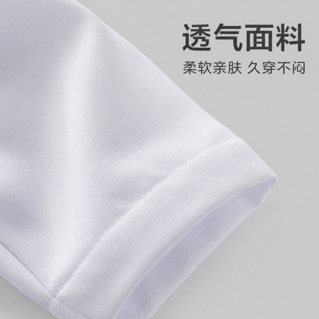 [主图-3] 面料细节特写展示透气卖点。[氛围风格] 专业干净，突出材质优势。[画质] 商业摄影质感、光线柔和通透、产品清晰真实、画面干净高级。[元素] 放大展示白大褂袖口位置的面料纹理，清晰呈现织物预览效果