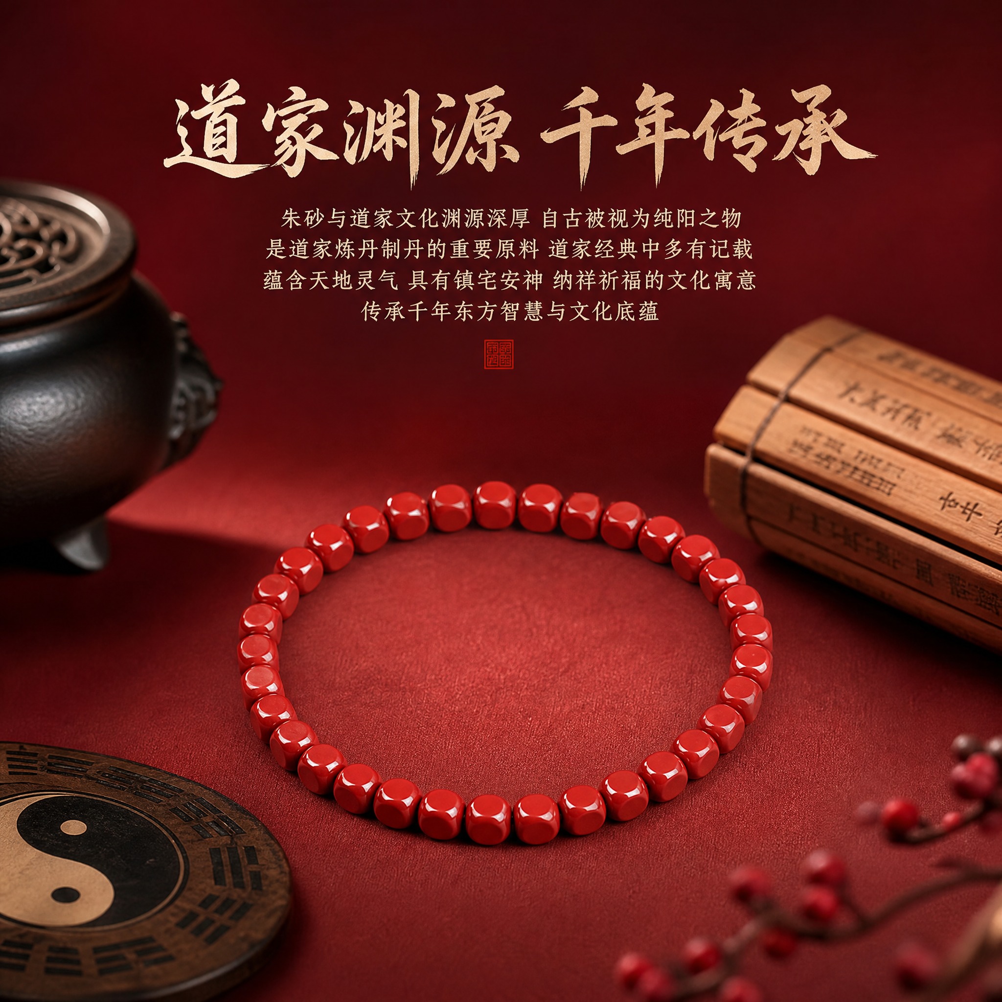 电商淘宝天猫主图，朱砂手串产品图，产品为高含量帝王砂方形珠手串… - 图片创意预览