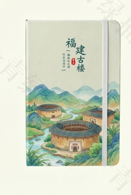 原图是笔记本封面，保持笔记本整体格式和竖版比例不变。将上方文字替换为"福建古楼"，保留小字排版位置不变。将封面核心图画替换为以福建土楼为核心的绘画，整体采用现代水彩风格，色调清新自然。预览效果