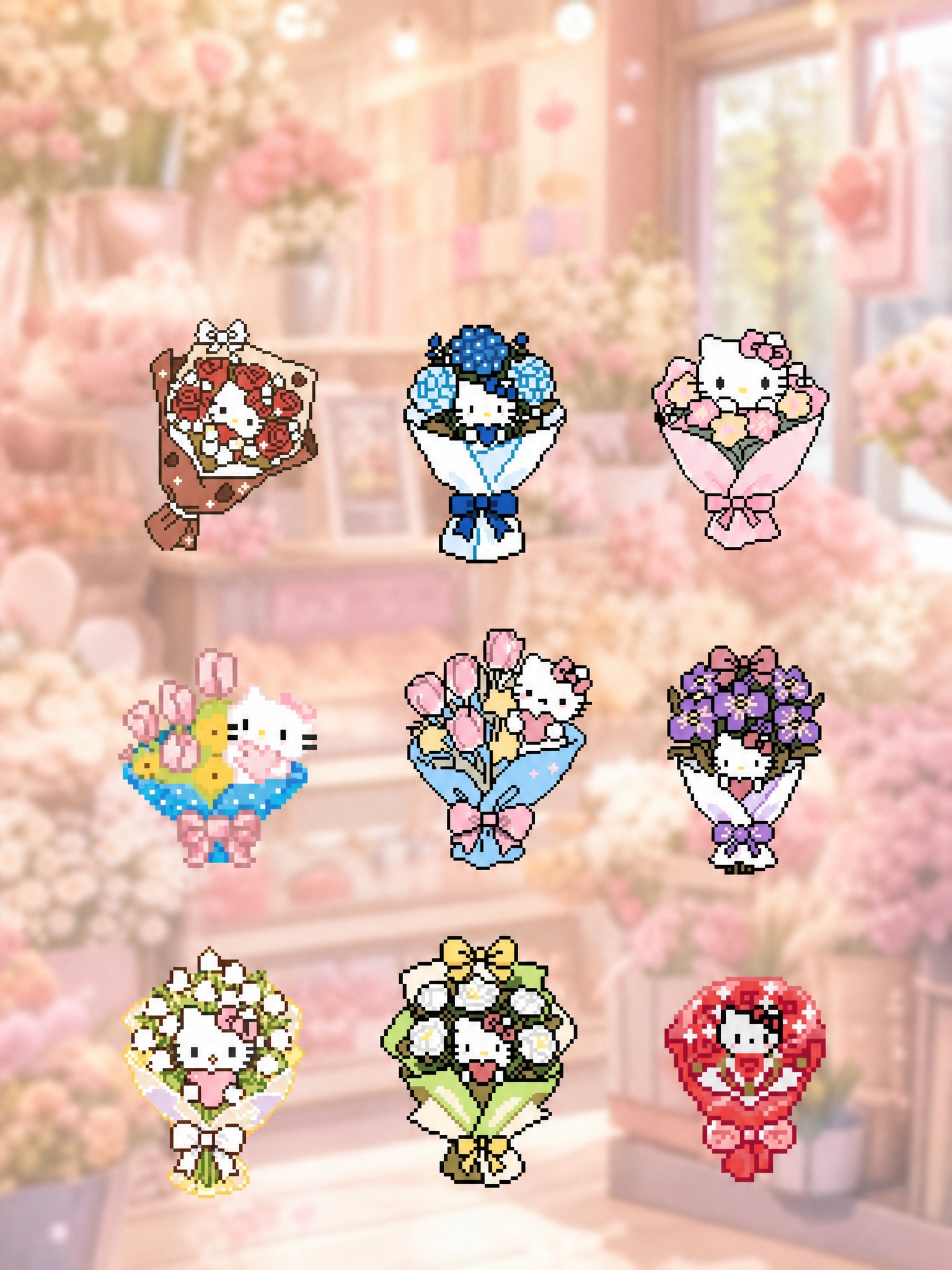 将9个Hello Kitty花束像素图案整体向下移动一些位置，… - 图片创意预览