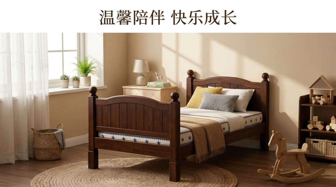 淘宝实木拼接床温馨场景图，深色实木拼接床在儿童房中，蓝色星星床品，白黄灰抱枕。原木床头柜，台灯，书籍，小摆件。浅米色墙，木地板，窗边绿植，阳光透过纱帘。顶部留白加文案"温馨陪伴 快乐成长"。16:9预览效果