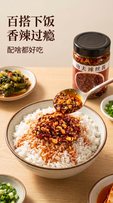 保留原图整体布局、文字、米饭和容器，只将图中碗里米饭上的酱料以及勺子里的酱料替换为第二张参考图中酱料的样子形态，酱料带有花生碎和辣椒丝，保持整体光影和风格自然统一预览效果