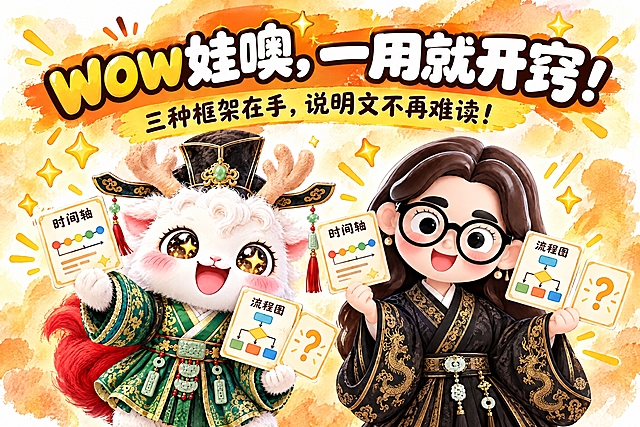 横版6寸比例的结尾页设计，大标题为"wow娃噢，一用就开窍！"，副标题为"三种框架在手，说明文不再难读！"，画面中央是两个Q版国风IP形象：一个是手持时间轴卡片、流程图卡片、问号卡片的白色毛绒瑞兽（穿绿色汉服戴官帽），另一个是戴黑框眼镜、穿黑色金龙纹汉服的卡通女孩也举着卡片，两人自信满满，周围有星星和光芒特效，整体风格活泼有感染力，暖橙黄色水彩风背景，与费曼复述卡系列风格统一，排版醒目美观，适合打印