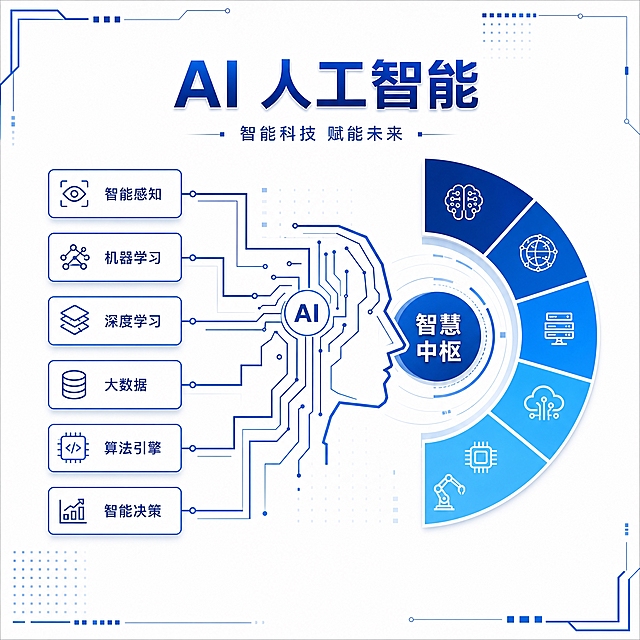 参考这张墙面展板的版式与风格，重新设计一张关于人工智能科技的墙面展板。展板为1:1方形墙面挂板，整体使用科技电网蓝主色调，白色底板配深蓝与电光蓝的电路走线、节点圆点和网格元素；电路走线必须采用清晰笔直的直线与直角折线，线路整齐利落。版式：顶部居中大标题"AI 人工智能"，下方小字副标题"智能科技 赋能未来"；中部左侧排列6个精简小卡片，分别标注"智能感知""机器学习""深度学习""大数据""算法引擎""智能决策"，每个卡片配简洁线性图标；中部右侧为半圆扇形结构，圆心写"智慧中枢"，扇区用不同深浅的蓝色。画面中央加入一个简洁的AI人像线条图形（侧面头像轮廓，内部由笔直电路线条构成），整体留白充足、不复杂，白色文字清晰，现代科技感。