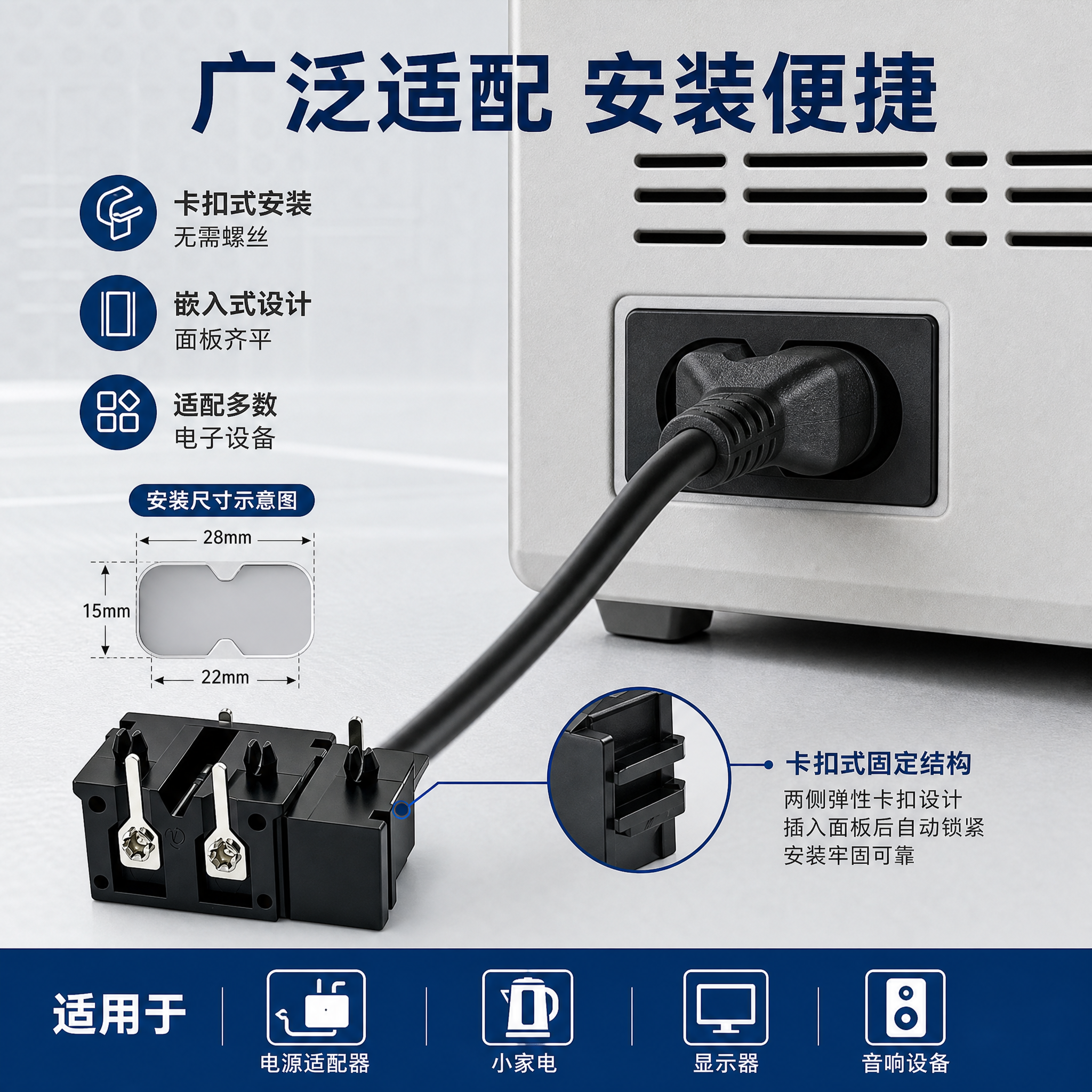 [主图-4] 应用场景与适配图，展示八字尾电源插座的实际安装使… - 图片创意预览