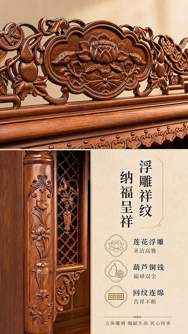 第2张 详情页-浮雕祥纹工艺细节页。本张使用【图1】作为顶部雕花主体，【图5】作为侧面立柱雕花辅助。
[氛围/风格] 新中式国风工艺美学，温润木质感，匠心雕刻氛围，商业微距摄影质感。
[元素布局] 画面上半部分展示佛柜顶部莲花浮雕祥纹特写，占比约50%，莲花、葫芦、铜钱、回纹等雕刻细节纤毫毕现；下半左侧展示立柱侧面莲花瓶雕刻细节，右侧为文案说明区；木纹肌理、雕刻深浅层次与输入产品图一致。
[光影质感] 侧上方45°柔光斜射，突出浮雕立体层次感，凹陷处有自然阴影，凸起处有温润高光，木纹纹理清晰可见。
[配色色系] 全局底色 #F0E6D3 暖米黄；主色深棕木色；辅助色暗金色描边。
[视角构图] 上半微距特写，下半图文分区，阅读动线从上至下，从视觉到文案。
[文字版式] 右侧竖排主标题「浮雕祥纹 纳福呈祥」，下方分三点：「莲花浮雕 圣洁高雅」「葫芦铜钱 福禄双全」「回纹连绵 吉祥不断」，每点配小型雕花线描图标。底部一行小字「立体雕刻 细腻生动 匠心传承」。
[比例分辨率] 9:16竖版比例，4K分辨率，文字清晰可辨，高清画质。
[负向提示词] 雕刻变形，纹理模糊，颜色偏差，水印，文字错乱，文字过小，背景杂乱。