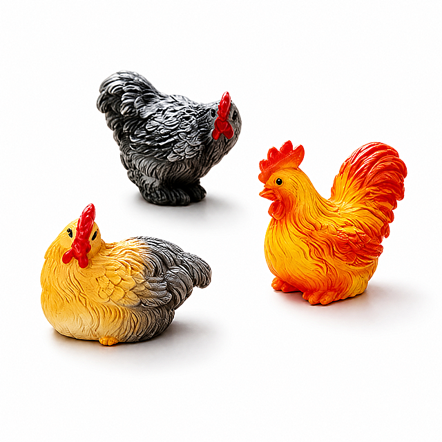 [主图-1] 桌面公鸡小摆件 Mini Rooster Figurine Desktop Decor 纯白底英雄图，亚马逊首图。
[统一基调] 跨境亚马逊风格，纯白背景，产品真实摄影质感，自然柔和光线，午后暖调光影，无任何文字、水印、边框、道具。
[画面] 三只桌面公鸡小摆件（灰黑色公鸡、黄灰相间母鸡、橙黄色公鸡）完整呈现，居中摆放，主体占画面85%以上，正面45°视角，产品轮廓清晰完整不切割，三只摆件错落排布形成自然组合，每只公鸡造型、颜色、纹理与输入图完全一致，树脂材质质感细腻，鸡冠鲜红，羽毛纹理清晰，底座平稳接触白底有自然接触阴影。
[光影质感] 商业摄影棚拍质感，主光从左上方45°照射，柔和均匀，阴影浅淡自然，树脂表面有微弱光泽反光，羽毛纹理层次分明，立体感强，无过曝无死黑。
[配色] 纯白背景，产品本身的灰、黄、橙、红自然呈现，色彩还原准确，饱和度适中。
[文字版式] 无任何文字、标签、水印、Logo，纯产品展示。
[输出要求] 1:1正方形比例，产品清晰锐利，边缘干净无白边残留，无变形、无模糊、无杂乱背景，禁止出现任何人物、手部、场景道具。