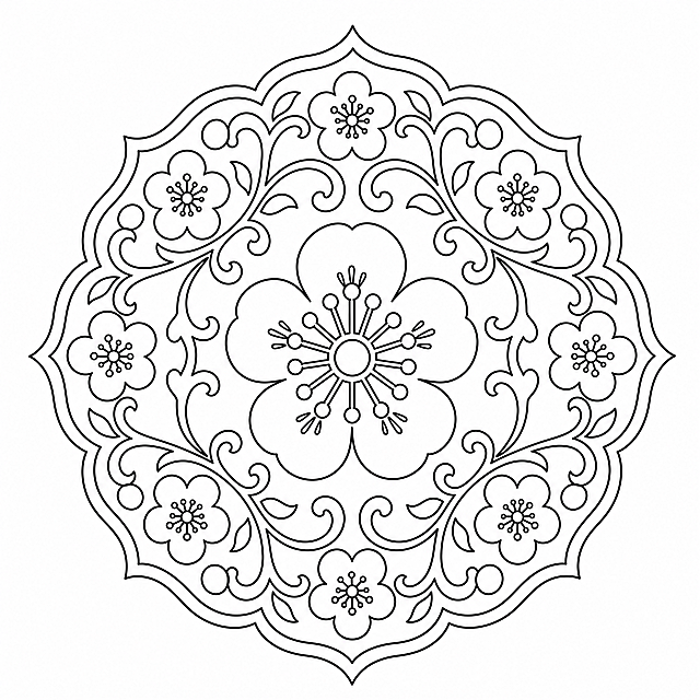 将这张梅花团花图案转换为纯黑白线稿，保留原构图和轮廓线条，去掉填充色，仅保留清晰黑色轮廓线条，简洁干净，适合传统纹样使用