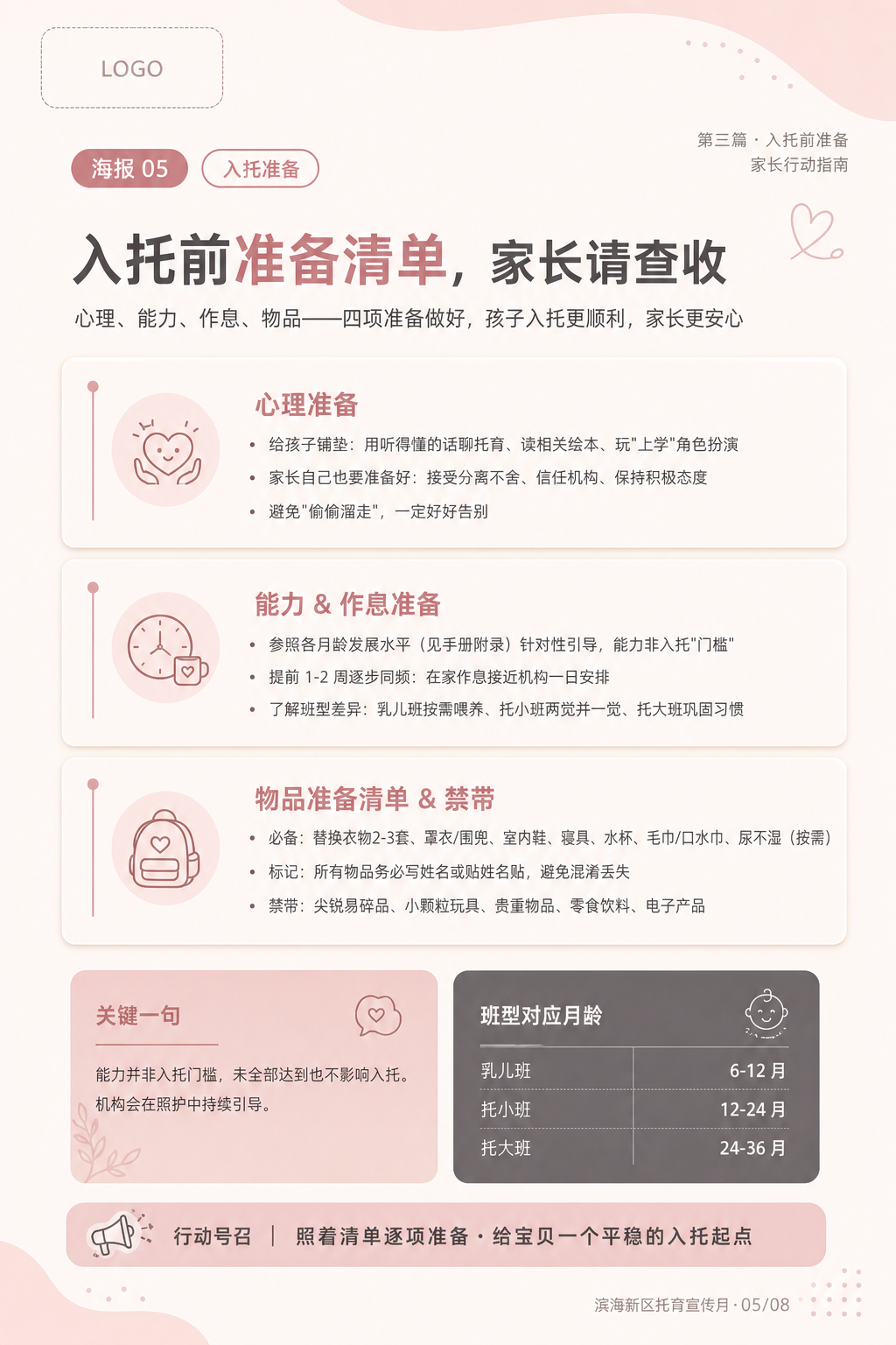 重新设计这张托育宣传海报（海报05/入托准备），莫兰迪粉底色（… - 图片创意预览