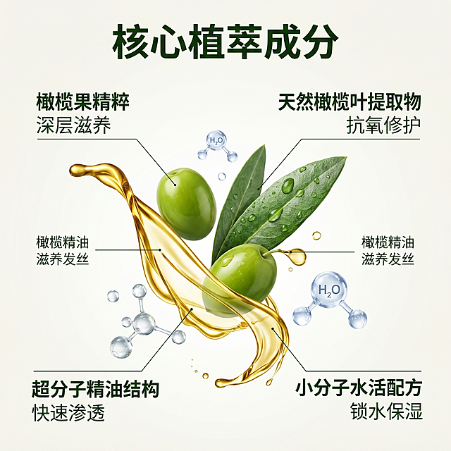 [主图-2] 核心成分解析图
[氛围风格] 天然植萃科研风，简约高级
[画质] 商业摄影质感，干净通透，细节清晰
[元素] 画面中心展示新鲜橄榄鲜果、叶片和流淌的橄榄精油，周围悬浮3D水分子和精油分子结构，配合细线指向对应成分，标注核心作用；整体以浅灰白色为背景，突出成分天然纯净；文字排版简洁，每个成分标注对应清晰
[光影] 均匀柔和的柔光箱布光，整体明亮干净，分子结构有通透高光，突出成分本身，无硬阴影
[配色] 主色调为米白色，辅色为橄榄绿和精油金色，清新干净
[视角构图] 居中对称构图，成分围绕中心排列，主次分明，整体透气
[文字版式] 顶部主标题写"核心植萃成分"，深绿色粗体；每个成分旁用细线牵引，小字标注"橄榄精油 滋养发丝"，简约清晰，不遮挡主体
[比例分辨率] 1:1比例，2k分辨率，文字清晰可辨，超高清
[负向提示词] 变形，水印，文字错乱，产品图模糊，背景杂乱