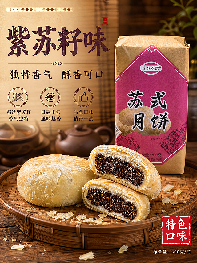 [商品] 参考【图5】粉紫色牛皮纸筒包装（紫苏籽味）+【图3】绿豆月饼结构替换为紫苏籽内馅；保留白皮酥皮千层结构、紫苏籽内馅（深紫褐色颗粒/紫苏籽）、竹制托盘；新增粉紫色标签牛皮纸筒（紫苏籽味）竖立在月饼旁，纸筒为牛皮纸+粉紫色菱形标签+味醇汉家+苏式月饼；商品处理：增强酥皮层次分明，紫苏籽内馅颗粒感强有紫苏籽颗粒，纸筒保持牛皮纸质感和粉紫色标签，保持颜色形态不变。
[画面] 目标：紫苏籽味独立口味大图，突出特色口味和纸筒包装。构图：左右分栏，左侧文字区占35%，右侧月饼+纸筒主体占65%；竹制托盘上一整块+两块切开的紫苏籽月饼，右后方竖立粉紫色纸筒，前景散落酥皮碎屑，远景虚化竹帘和紫砂茶壶，≥3层环境层次。角度：45°侧视，月饼剖面正对观众；纸筒竖立，标签朝前。阅读动线：从左到右。
[视觉] 套系策略：风格=中式怀旧国潮商业摄影，暖棕木色调，烟火气复古感；标题字=粗宋书法体，厚重有力；正文字=宋体楷体，传统雅致；主色=朱砂红+米黄牛皮纸色+深棕；背景延展=暖棕木桌、竹帘、紫砂茶具，做深浅同色系层级；强调色=朱砂红，仅用于印章、标签、小面积点缀；标题色=深紫褐；正文色=深棕；组件=红色印章、传统回纹、牛皮纸底纹；光影=左前侧暖柔光，侧逆光打透酥皮层次，紫苏籽内馅颗粒高光清晰，纸筒标签粉紫色鲜明。
[文字] 左侧顶部主标题「紫苏籽味」，副标题「独特香气 酥香可口」；下方3个卖点横排：① 精选紫苏籽 香气独特 ② 口感丰富 越嚼越香 ③ 特色口味 值得一试；右下角红色印章「特色口味」，底部小字「净含量：300克/筒」。文字均横排，不遮挡月饼主体和纸筒标签。
[规格] 比例3:4竖版，分辨率4K，quality=medium；避免冷蓝背景、文字竖排、错字、酥皮层次模糊、内馅不真实、纸筒变形。