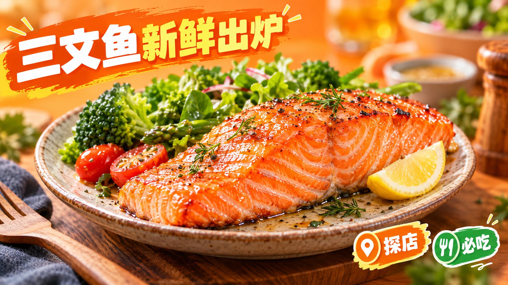 活力美食风格，暖橙色背景，画面中心是一盘色泽诱人的三文鱼，鱼肉… - 图片创意预览