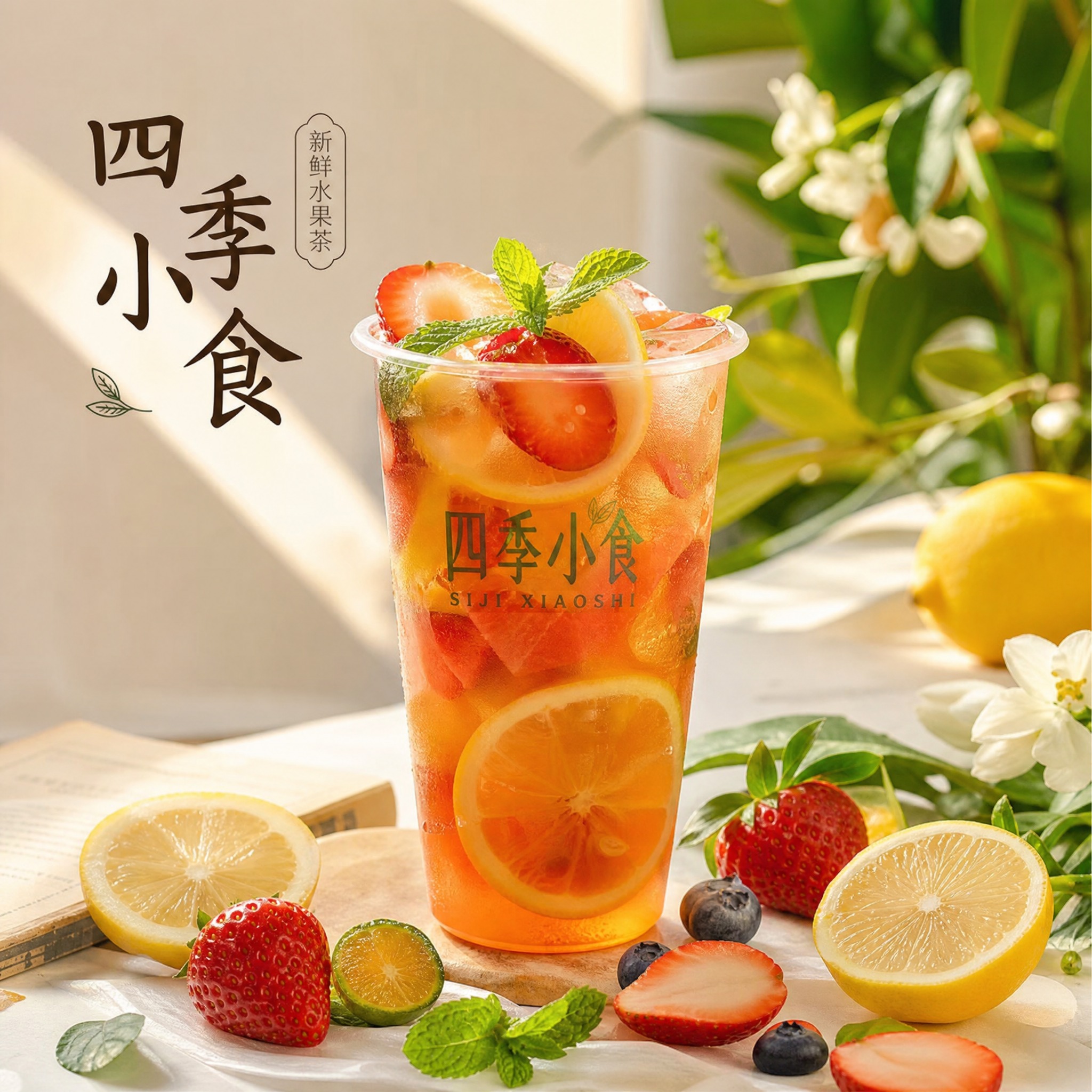 饮品店头像设计，店名"四季小食"，真实摄影风格，画面中央是一杯… - 图片创意预览