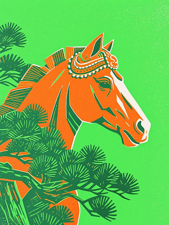 橙色骏马配松枝，民族风与中式元素融合，插画风格搭配描边与版画质感，复古印刷感十足，寓意新春吉祥。