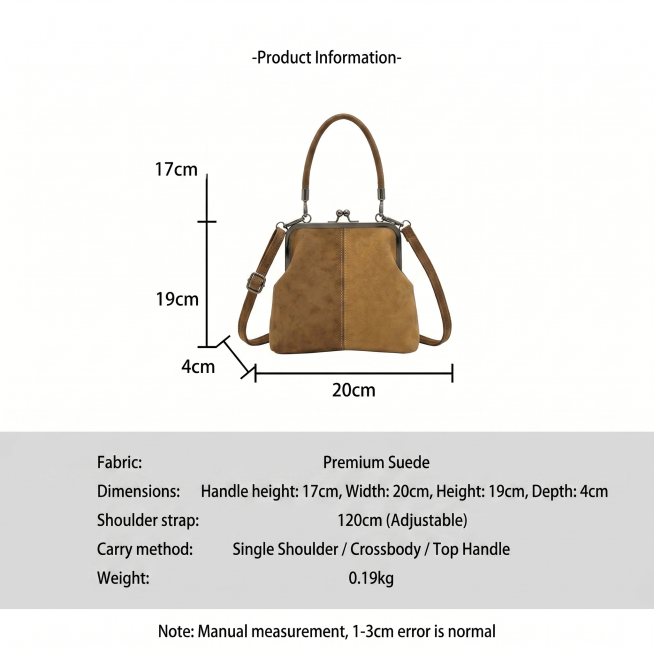 Re-generate product information detail page for vintage suede shell shape kiss-lock crossbody bag, 8预览效果