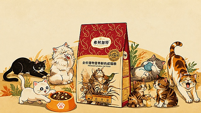 请帮我设计一张【美式商业插画风格猫粮产品主视觉KV海报】，适配电商首页大banner，风格明确：美式商插，复古丝网印刷质感，粗黑轮廓线，平涂色块+轻微噪点肌理，高饱和度复古撞色，扁平化概括造型，轻微复古印刷颗粒质感，无渐变过度光影，美式复古海报构图。
我上传了七张参考图片，请先识别每一张里的内容：
硬性规定：
1.	第一张图是整张猫粮KV海报的核心主视觉主体，构图围绕它展开；
2.	第七张图是背景。
3. 剩下所有图片里的物品，全部作为辅助装饰元素，合理排布进画面，不能遗漏任何一个元素；
4 整体统一改成美式复古商业插画（美式商插）风格，丝网印刷质感，粗黑色轮廓线，平涂色块，轻微油墨噪点，复古高饱和配色，无渐变、无柔和写实光影，扁平化海报造型；
5 横向电商KV版式，比例为16：9，顶部预留大面积空白放品牌标题，背景简约低饱和度复古底色，不抢主体；

你的输出要求：
1. 详细文字构图方案，写明每个元素分别摆放位置；
2. 一段完整英文正向提示词 + 负面提示词，可直接复制到AI绘图工具生成成品海报。
禁止写实毛发、禁止照片质感、禁止复杂渐变阴影、禁止杂乱笔触、整体为矢量感商业插画，商用合规无水印。
禁止改变姿势，禁止添加元素，禁止四肢变形，禁止添加文字。
直接生成一张成品海报图，不要文字分析、不要排版说明，只输出最终图片。
「图片1」「图片1」「图片1」「图片1」「图片1」「图片1」「图片1」