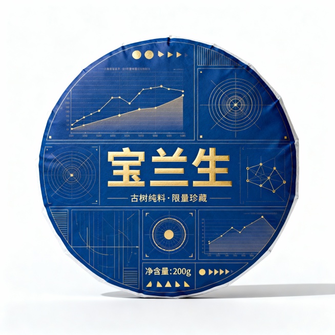 一眼辨识：独特的“数据可视化”设计在众多普洱包装中脱颖而出。 2· 价值传达：无需多言，图形本身就在诉说茶叶的稀缺与品质。 3· 品牌升华：将“宝兰生”从一个老字号，提升为拥有科学般严谨态度与档案级标预览效果