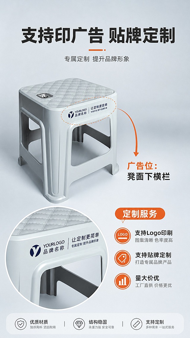 [商品] 使用【图1】浅灰色加厚矮凳；保留产品整体结构、颜色、形状、尺寸；在凳面下横栏处添加广告印刷效果，印刷内容为示例品牌Logo和文字，体现可定制能力；不改变产品本身属性，仅展示广告位效果。
[画面] 目标：广告定制能力展示，突出凳面下横栏广告位。构图：产品斜侧角度为主，放大展示广告印刷区域，旁边配定制说明；景别：中景+局部放大；场景：简约浅灰背景，突出定制效果；阅读动线：先看整体产品，再看放大的广告位细节。
[视觉] 套系策略：风格=1688批发风·简约工业感商业摄影；标题字=粗黑体；正文字=常规黑体；主色=浅灰蓝；背景延展=浅灰蓝渐变背景，广告位区域用聚光效果突出；强调色=橙红色，仅用于定制标签、指示箭头；标题色=深炭灰；正文色=中灰；组件=放大圆框、指示箭头、定制服务标签；光影=柔光，广告印刷区域清晰可见。
[文字] 顶部标题"支持印广告 贴牌定制"，中间箭头指向凳面下横栏处标注"广告位：凳面下横栏"，下方列3项定制服务："支持Logo印刷"、"支持贴牌定制"、"量大价优"；文字全部横向排版，广告位上的示例印刷文字清晰但不喧宾夺主。
[规格] 图片比例9:16竖版，分辨率4K，负向提示：避免变形、错字、文字过小、食品级字样、广告位置错误、产品结构改变。