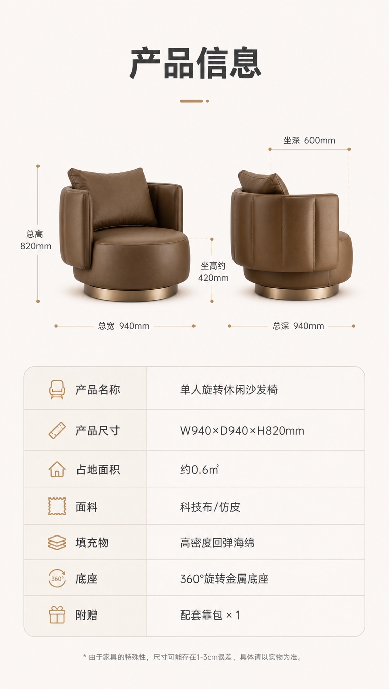 [商品] 使用【图1】棕色单人旋转休闲沙发椅正侧视角度；保留圆… - 图片创意预览