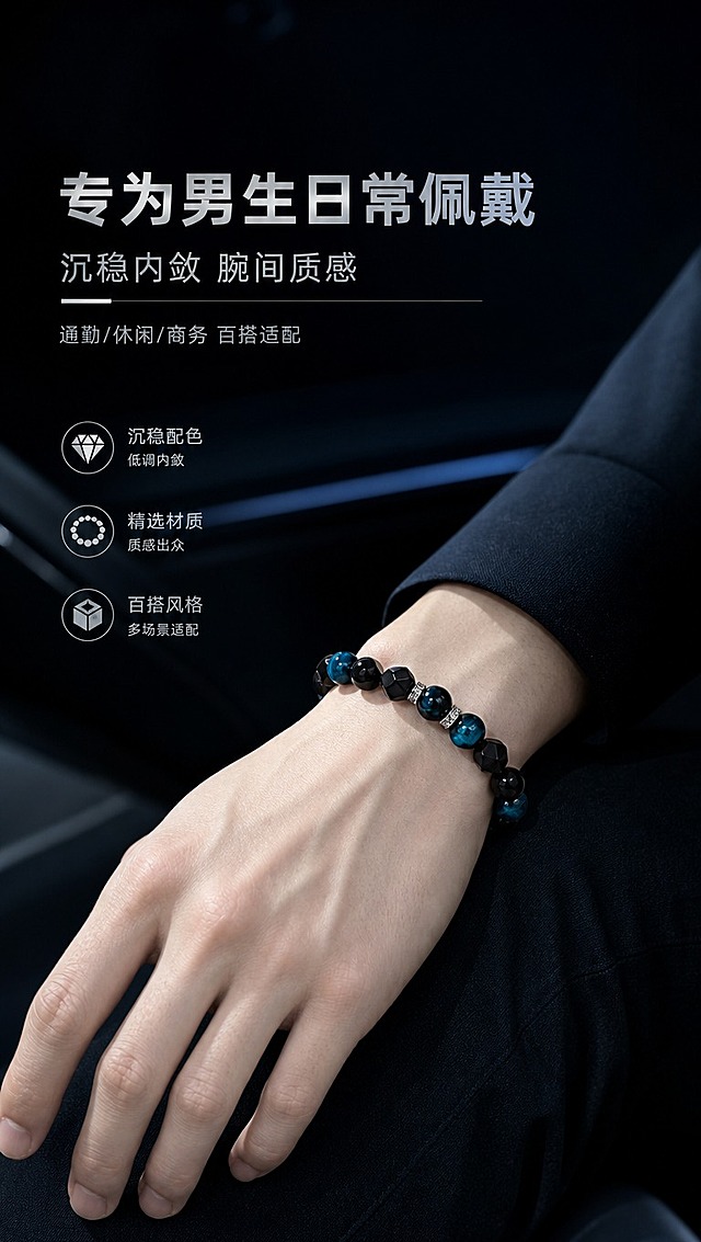 [商品] 使用【图1】男士手串，保留蓝虎眼圆珠、黑曜石圆珠、磨砂切面黑玛瑙珠、银色镶钻隔珠的结构、颜色、材质和排列顺序；将手串佩戴到男士手腕上，参考【图4】手部姿态与光影，珠子贴合手腕自然弧度，保留商品原貌与材质质感。
[画面] 场景种草·真实佩戴型。专为男生日常佩戴定位，参考【图4】男士手部姿态，手腕自然放松搭在深色衣物上，手串贴合手腕内侧展示，侧逆光勾勒手部轮廓与珠子光泽。背景为深色调虚化的室内或车内环境，氛围沉稳高级。产品（手部+手串）占画面60%。前中后景：前景手腕手串、中景手臂衣物、后景深色虚化环境。真实如相机拍摄。
[视觉] 套系策略：风格=高级暗调冷色系商业珠宝摄影，真实相机拍摄质感；标题字=阿里巴巴普惠体 Bold；正文字=阿里巴巴普惠体 Regular；小标题=阿里巴巴普惠体 Medium；主色=深邃藏青蓝+炭黑；背景延展=基于藏青蓝与炭黑做深浅层级、渐变和细腻质感，整体明亮度适中不过于黑暗；强调色=冷银白，仅用于小面积图标、引线、标签和金属高光；标题色=冷银白；正文色=浅灰蓝；组件=细线分隔、简约信息卡、冷调图标；光影=侧逆光+正面补光，突出手部轮廓与珠子光泽。
[文字] 左侧或右侧留白排版。主标题「专为男生日常佩戴」，小标题「沉稳内敛 腕间质感」，正文短句「通勤/休闲/商务 百搭适配」。文字不遮挡手腕手串主体。
[规格] 图片比例9:16竖版，4K分辨率，淘宝/天猫详情页适配，中文文案。负向提示：避免变形、错字、文字过小、过于黑暗、手串结构错乱、女性化手部、卡通感、塑料感、水印。