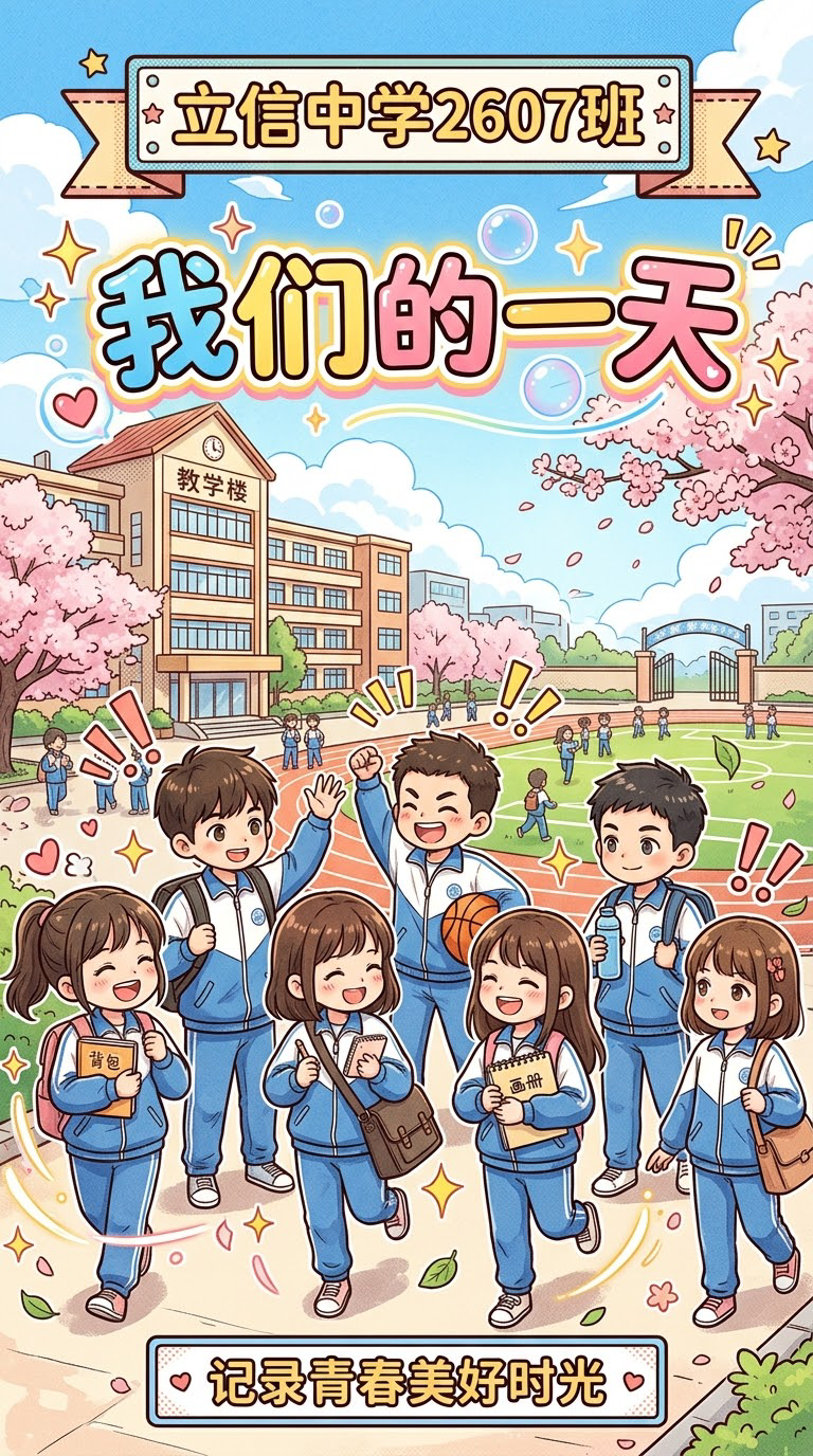 立信中学2607班我们的一天短视频漫画版竖屏封面，9:16比例… - 图片创意预览