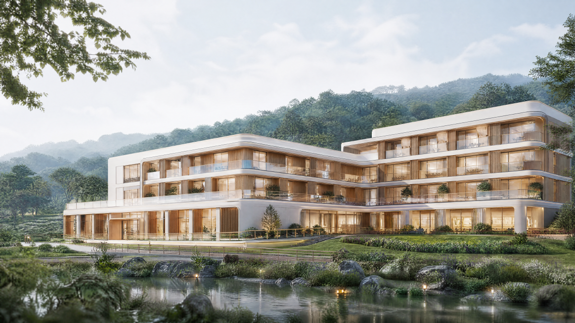 在现有建筑SU模型基础上，改造成治愈系原木极简适老化风格的广西南宁三塘镇山地康养院外立面全景，建筑为3-4层多层低层康养建筑，整体线条干净圆润无尖锐棱角，建筑主体采用暖白微水泥+浅橡木原木格栅、浅木色预览效果