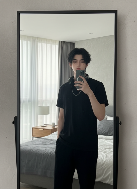 cosplayer真人写实照片，根据该图生成一张现实生活中扮演该角色的写实风格，人物所在的写实场景与原作相对应，人物一只手抬起拿着手机对着镜子正在自拍预览效果