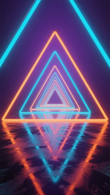 深邃暗紫色调背景下，由明亮青蓝色与鲜橙色霓虹灯管构成的交错几何隧道，呈现出强烈的放射状透视效果，光线从隧道尽头中心点向四周扩散，在光滑如镜的地面上形成色彩交融的倒影，整体营造出充满未来感的炫酷赛博朋克氛围，光影层次丰富，色彩对比鲜明，视觉冲击力强。预览效果