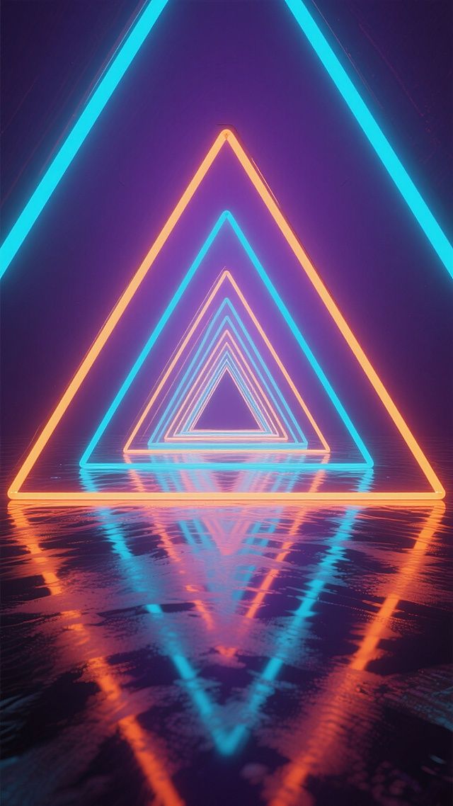 深邃暗紫色调背景下，由明亮青蓝色与鲜橙色霓虹灯管构成的交错几何隧道，呈现出强烈的放射状透视效果，光线从隧道尽头中心点向四周扩散，在光滑如镜的地面上形成色彩交融的倒影，整体营造出充满未来感的炫酷赛博朋克氛围，光影层次丰富，色彩对比鲜明，视觉冲击力强。