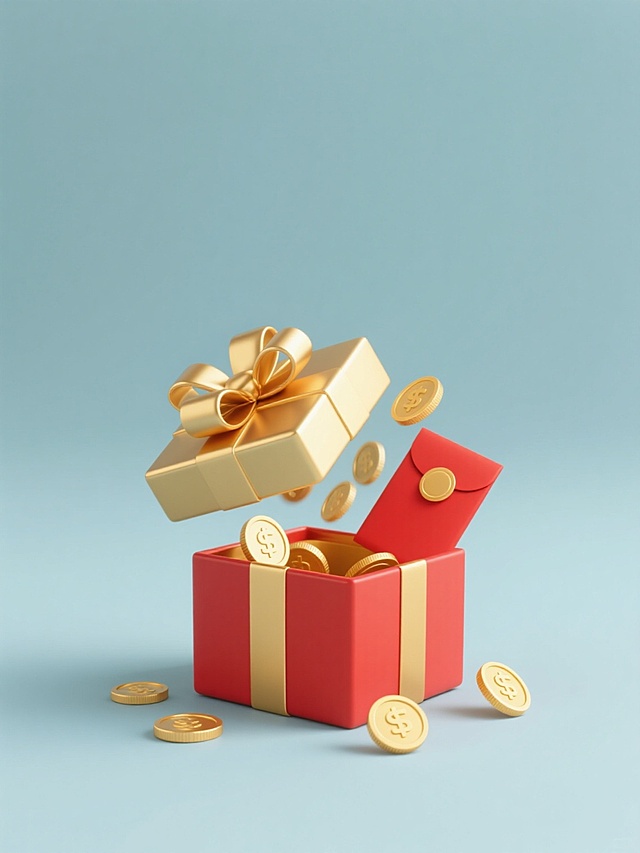简约现代风格，纯色背景，规整排布的单一元素图案，金色礼物盒搭配红色红包和金币的组合，礼物盒带有立体蝴蝶结，金币和红包从打开的礼物盒中散落出来，整体造型简洁，色彩明快，保持系列素材的风格统一性