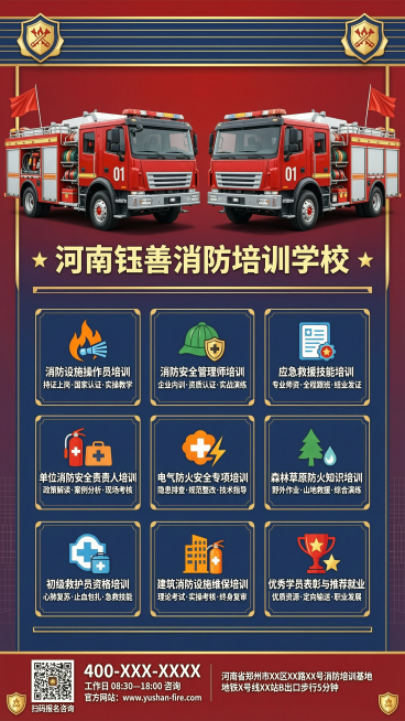 设计一张竖版消防培训学校宣传海报，比例为9:16。海报上方左右两边各放置一辆一模一样的红色消防车，两辆消防车正中间标注文字"河南钰善消防培训学校"。海报下方主体大面积空白区域均匀分为9个方框，海报最底预览效果