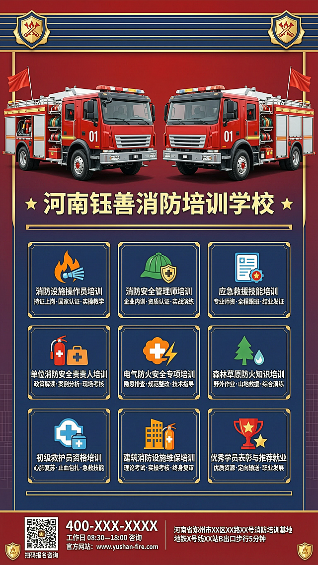 设计一张竖版消防培训学校宣传海报，比例为9:16。海报上方左右两边各放置一辆一模一样的红色消防车，两辆消防车正中间标注文字"河南钰善消防培训学校"。海报下方主体大面积空白区域均匀分为9个方框，海报最底部位置预留学校报名联系方式，整体风格正式专业，消防主题，配色以红色为主色调，排版整齐清晰