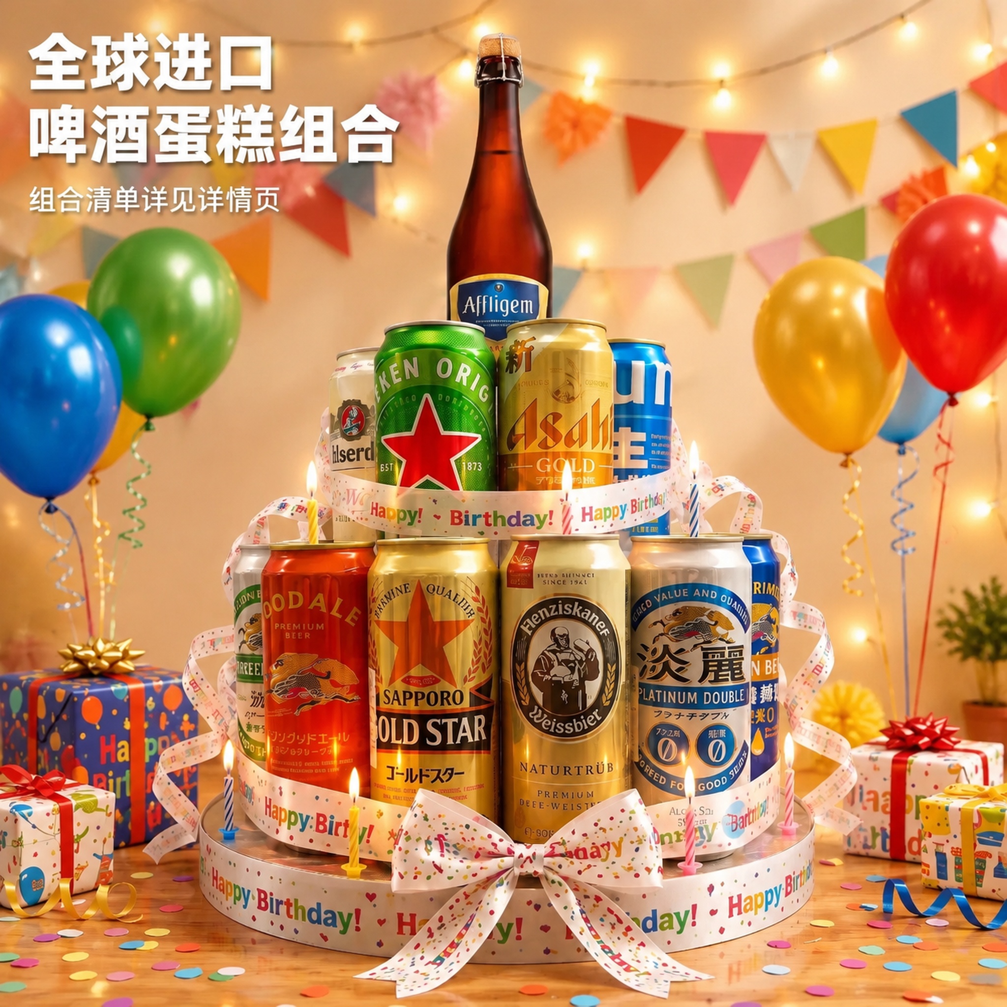 图生图，保留原图中啤酒蛋糕组合的所有产品外观、颜色、品牌标签、… - 图片创意预览