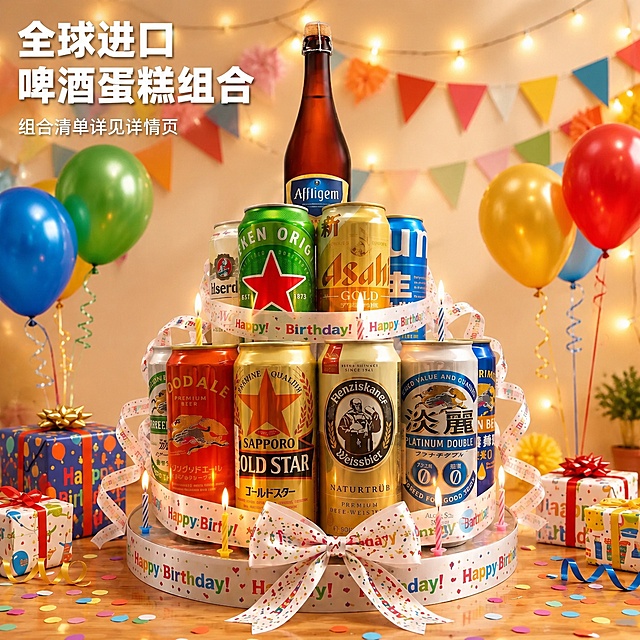 图生图，保留原图中啤酒蛋糕组合的所有产品外观、颜色、品牌标签、排列结构、蜡烛、丝带蝴蝶结完全不变，只替换背景为更有生日氛围感的明亮温馨场景。背景为暖米色墙面，悬挂着柔和的暖黄色串灯和彩色三角旗，左右两侧有彩色气球束（红、金、绿、蓝），地面散落彩色纸屑和精致的生日礼物盒，整体光线明亮通透不暗沉，暖色调柔光，生日派对氛围浓厚。产品主体居中完整，占画面约65%，与新背景自然融合，光影随场景调整但产品本身颜色和排版绝对不变。画面左上角留白处放置主标题文字：“全球进口啤酒蛋糕组合”，字体为粗体无衬线，白色带轻微阴影，清晰可读；主标题下方小字：“组合清单详见详情页”。画面整体为淘宝天猫电商主图风格，商业摄影质感，超高清，细节丰富。