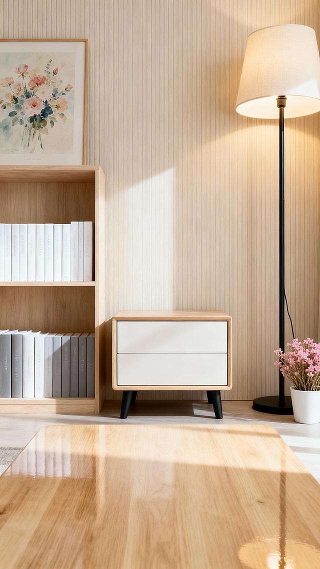 帮我生产五六张，这是一张现代简约风格的室内产品展示背景图，采用9:16的竖版构图。画面采用平视角度拍摄，主体床头柜产品位于画面中央偏下位置，营造出干净整洁的展示效果。背景环境是一个温馨的现代家居空间，整体色调以暖米色和浅木色为主，营造出舒适自然的氛围。背景墙是浅米色的竖条纹壁纸，纹理细腻柔和。画面左侧可见一个现代简约风格的书架，书架采用浅木色材质，分为上下两层。上层摆放着一些装饰画框，其中一幅是花卉图案的装饰画，色彩淡雅。下层整齐地摆放着几本精装书籍，书脊颜色以白色、灰色为主，与整体色调协调统一。右侧有一盏现代简约风格的落地灯，灯杆是黑色金属材质，灯罩是米白色的布艺材质，灯光柔和温暖，为整个空间增添了温馨的氛围。落地灯旁边有一个白色的小花盆，里面种植着粉色的干花，花朵造型自然，为空间增添了一丝生机。前景的桌面是浅色木质材料，表面光滑平整，反射着柔和的光线。整个空间的光线来自于自然采光和人工照明的结合，光线柔和均匀，没有强烈的阴影，营造出专业的产品展示效果。整体风格体现了现代北欧简约美学，注重功能性与美观性的平衡，色彩搭配和谐统一，空间层次丰富但不杂乱，非常适合作为高端产品的展示背景。