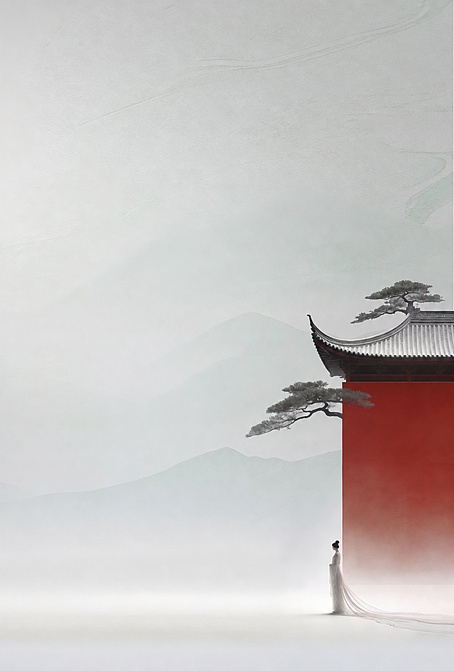 去掉画面上的所有文字，保留原图片的中式美学构图、建筑、人物、松树和背景风格，保持整体画面不变，只移除文字内容