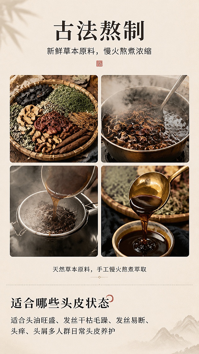 第7屏 草本熬制工艺页面。本屏使用【图6】作为熬制工艺图片参考。
新中式简约素雅风格，浅米色背景#F5EFE0，古法手工质朴氛围，胶片质感柔和自然光。
顶部居中标题「古法熬制」，思源宋体，深墨色；副标题「新鲜草本原料，慢火熬煮浓缩」，思源黑体，深灰色，位于标题下方。
图片区域：4张小图2x2规整排布，图片间距适中，四周留白充足：
左上：草本原料拼盘，多种中草药摆放在竹编容器中，何首乌、侧柏叶、灵芝、皂角等清晰可见；
右上：大锅熬煮草本，不锈钢大锅内深褐色药汁，蒸汽升腾，慢火熬煮场景；
左下：过滤药汁，细密滤网过滤深棕色草本原液，蒸汽朦胧；
右下：原液滴落特写，金黄棕色浓稠药液从勺中缓缓滴落，质感通透。
图片下方居中文字：「天然草本原料，手工慢火熬煮萃取」，思源宋体小字。
下方文字板块标题：「适合哪些头皮状态」，思源宋体，深墨色，左对齐。
正文文案左对齐，思源黑体深灰色，行距宽松：
适合头油旺盛、发丝干枯毛躁、发丝易断、头痒、头屑多人群日常头皮养护
（删除所有脂溢性皮炎、掉发、脱发敏感词，合规表达）
图文分区清晰，排版简洁干净。
色调：米白、浅卡其、原木棕、深棕药汁色，柔和自然光，胶片质感。
9:16竖版比例，4K高清，文字清晰可辨。