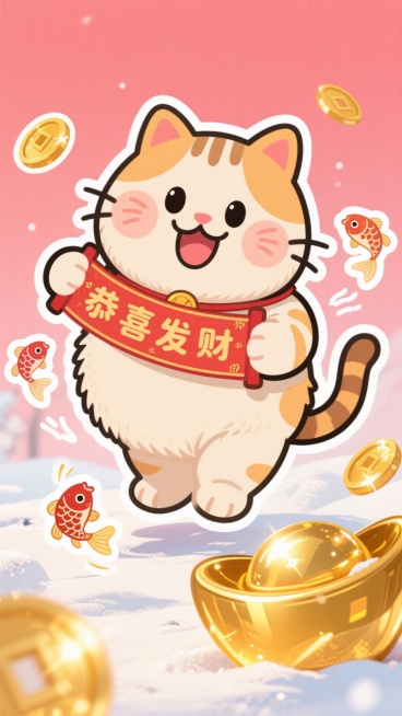 中国卡通风格，一只胖乎乎可爱的招财猫拉着“恭喜发财”条幅，周围是闪亮的金元宝和金币，几条小锦鲤在欢快地跳跃。暖冬场景，带有阳光感。背景是柔和的红粉渐变。整体色调可爱、活泼、暖心。贴纸式设计，粗线条的扁预览效果