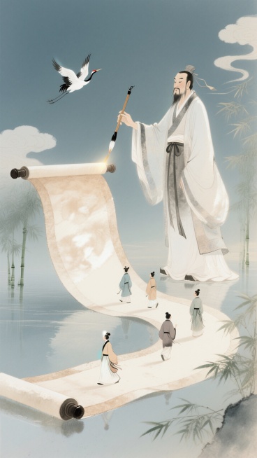 混合细腻彩铅质感，杏色为主色调。一个巨型的夫子（拿着一支毛笔）点着悬浮的蜿蜒不断的巨型卷轴；有几个古代学子行走在卷轴上；背景有飞鹤、祥云；竹子点缀画面。预览效果