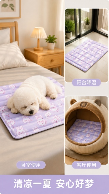 [第3屏] 多场景使用种草页-宠物冰垫多空间使用展示。本屏使用【图3】【图4】【图5】分别展示不同场景。
[氛围/风格] 温馨自然居家风，不同场景保持统一柔和光线，真实代入感。
[元素布局] 页面采用预览效果