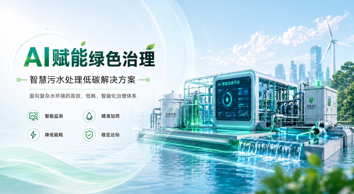 参考提供图片的风格，重新生成第一张海报内容：标题为AI赋能绿色治理，副标题为智慧污水处理低碳解决方案，整体采用青绿色环保科技风格，保留原图文排版和所有文字内容，右侧展示AI智慧运维平台污水处理设备在水预览效果