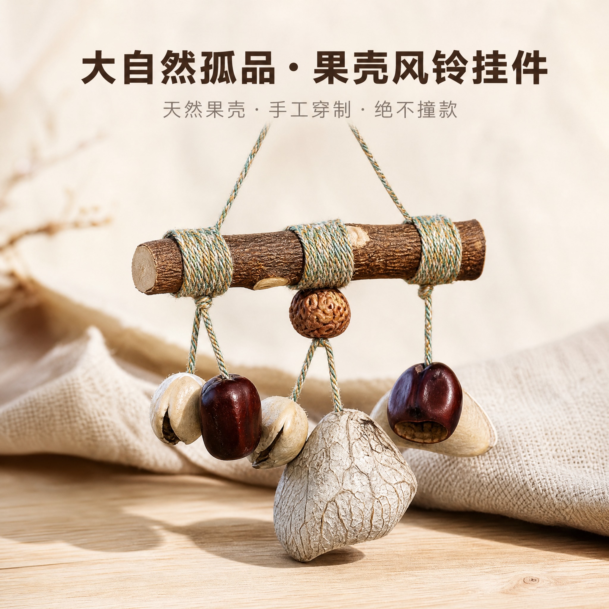 [主图-1] 微距特写展示果壳风铃的天然质感与手工细节，建立高… - 图片创意预览