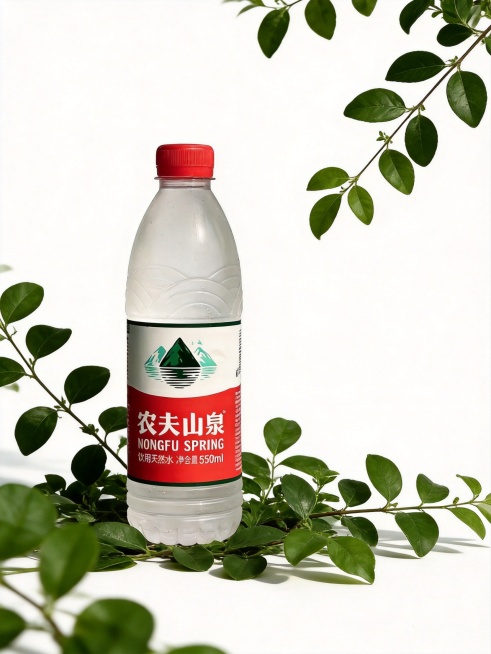 生成电商产品主图，整瓶展示农夫山泉天然饮用水搭配绿色植物，清新健康饮水主题预览效果