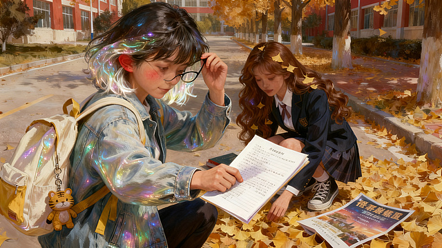 将图中女生的眼镜调整为滑落到鼻尖的位置，保持其余画面内容、风格不变，秋天校园银杏街道，两位女学生在看纸张文件