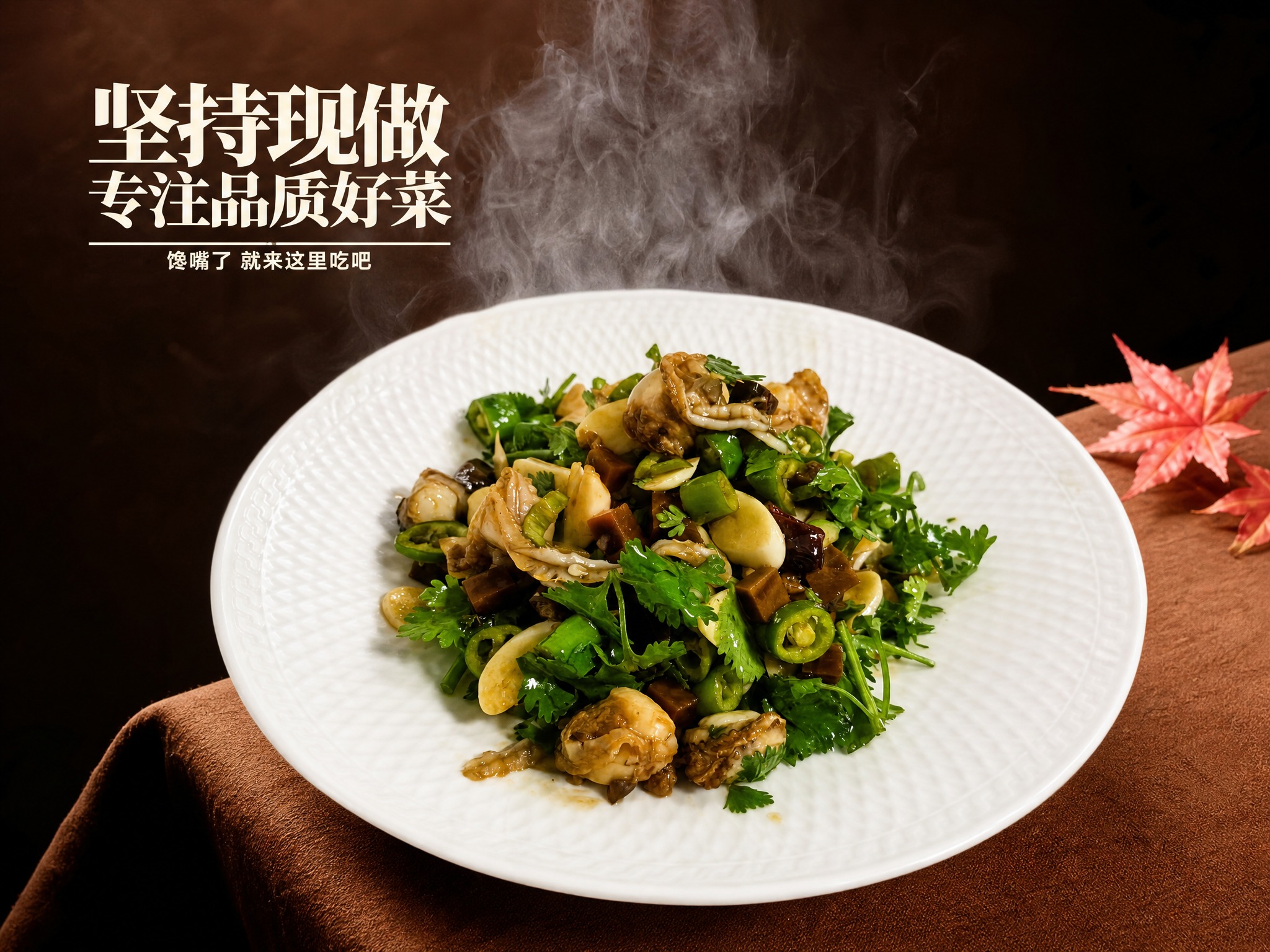参考图1的背景和文字风格：深棕色渐变背景、棕色桌布、热气腾腾的… - 图片创意预览