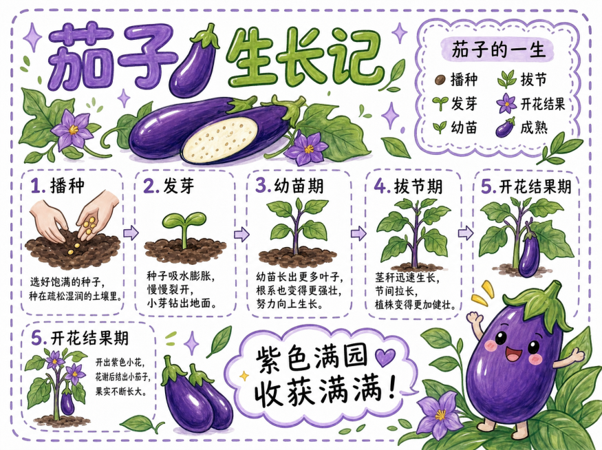 「图片1」参考此图风格做一个茄子生长记，马克笔风格，尺寸297*210预览效果