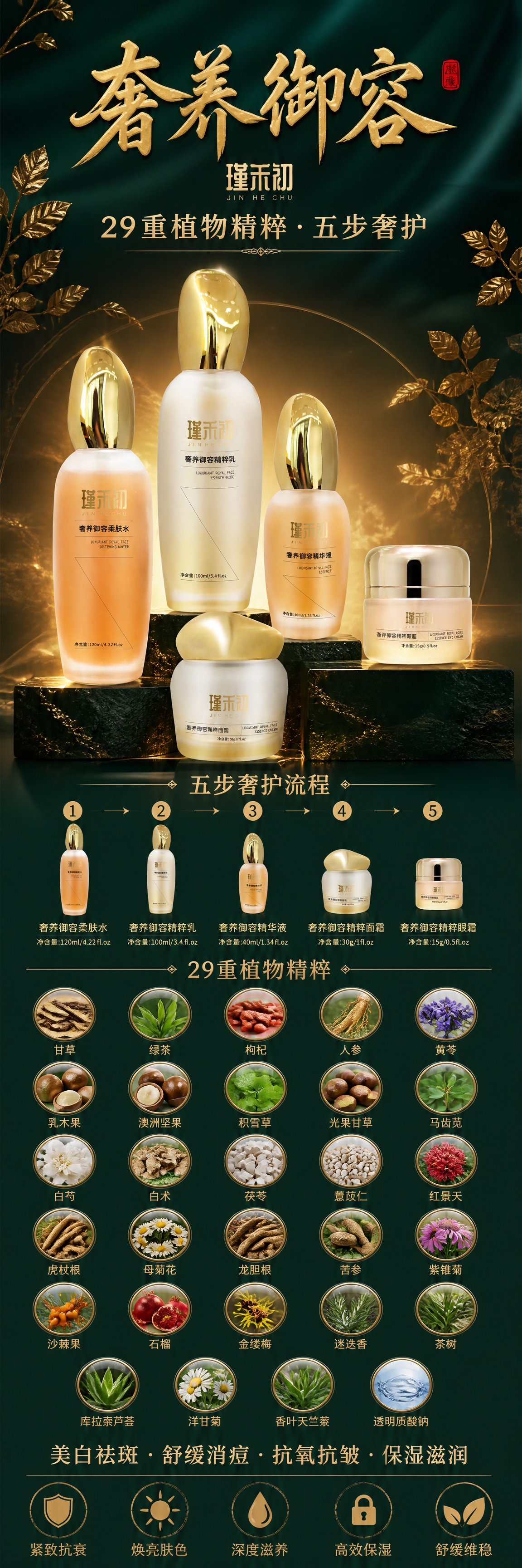 高端中式奢华护肤超长竖版海报，深祖母绿色丝绸质感背景，点缀暗金… - 图片创意预览
