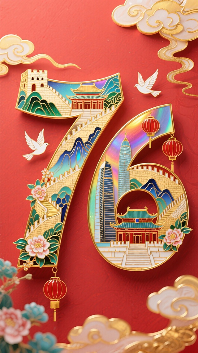 喜庆中式国潮风，大字“70”融入长城与现代建筑，鎏金元素点缀，尽显节日辉煌。