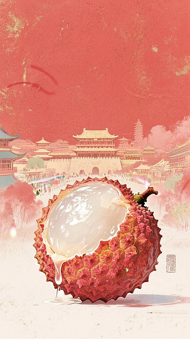 岩彩画，古风，立体层次感，国风插画，传统色彩。干净的红色纹理背景，画面中间被一个巨大的荔枝占满，荔枝被撕开一个小口，里面的果肉饱满，有汁水附着在果肉上，背景是繁华的古代长安城，晕开的笔墨触感，画面大面积留空。
